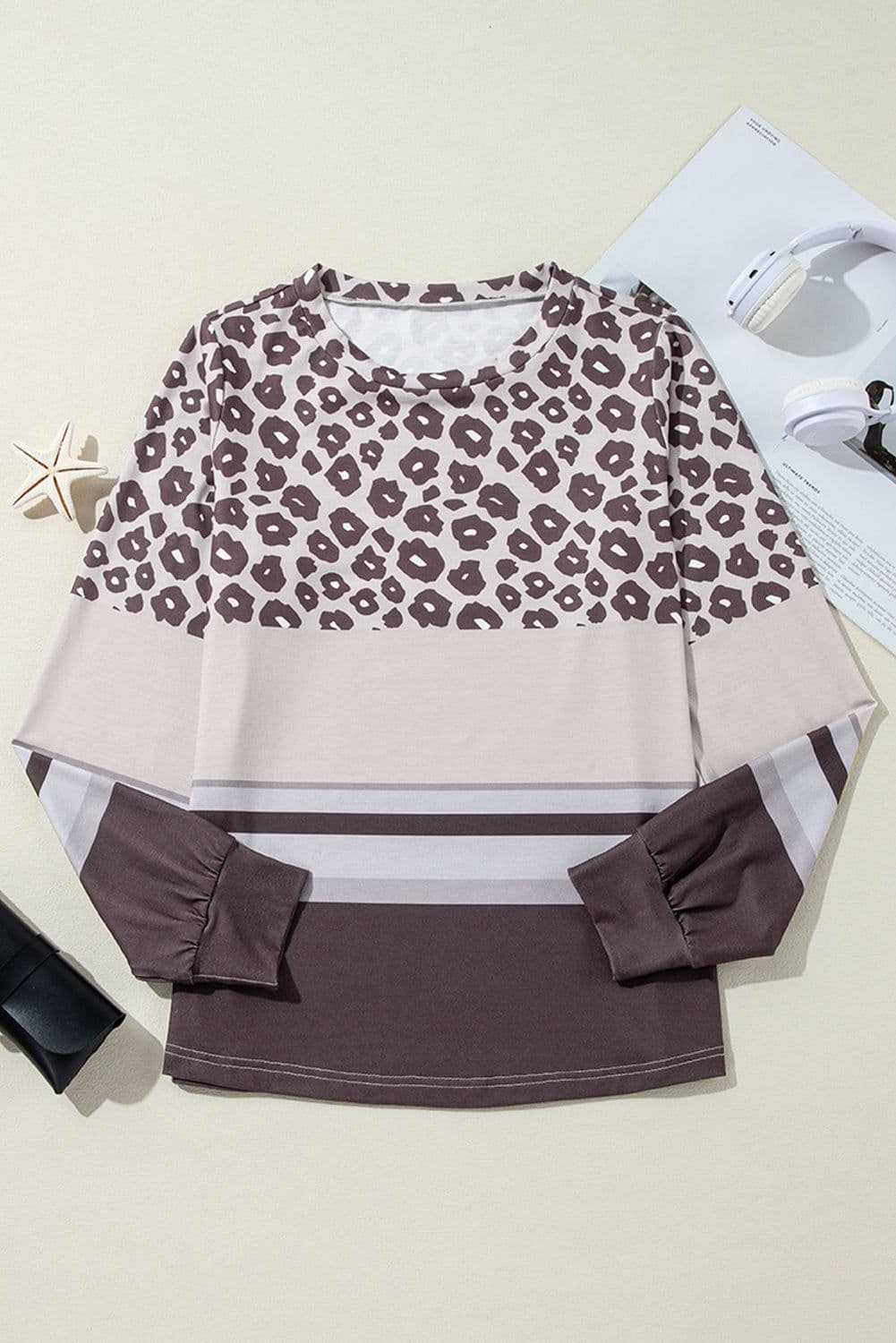 image-Brown Leopard Color Block Crewneck Long Sleeve Top