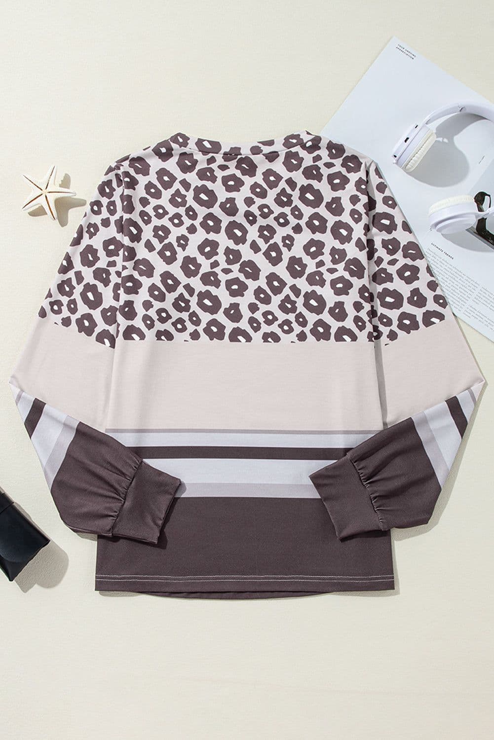 image-Brown Leopard Color Block Crewneck Long Sleeve Top