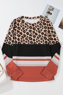 image-Brown Leopard Color Block Crewneck Long Sleeve Top