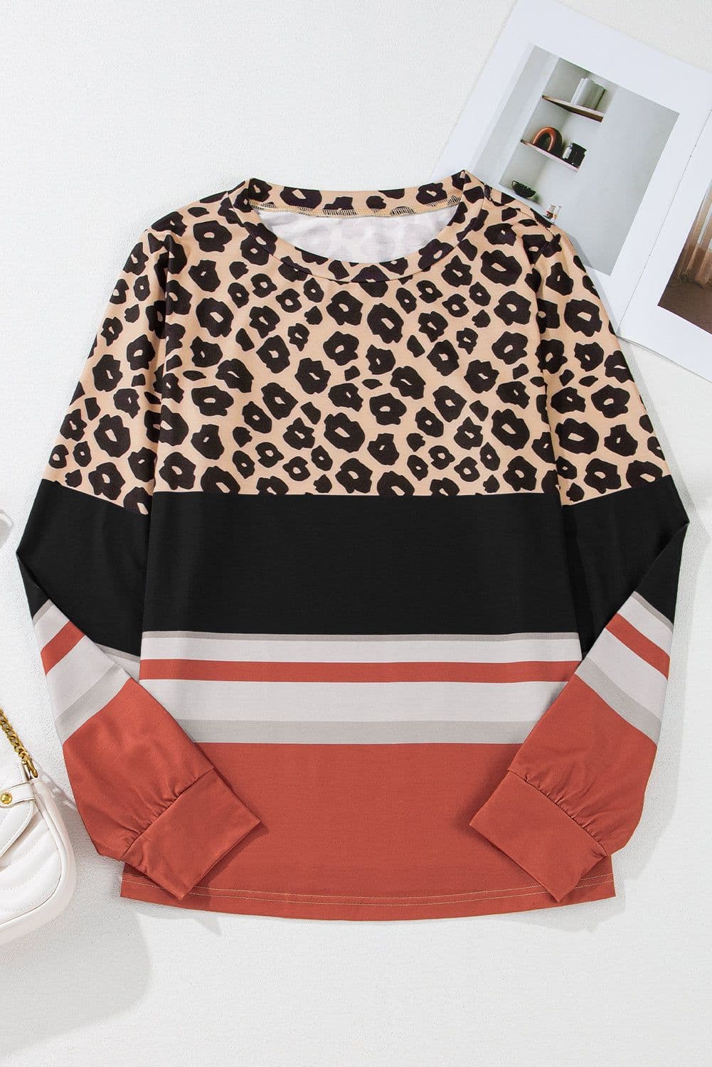 image-Brown Leopard Color Block Crewneck Long Sleeve Top