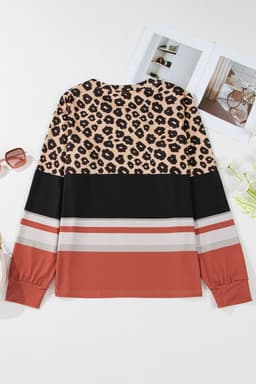 image-Brown Leopard Color Block Crewneck Long Sleeve Top
