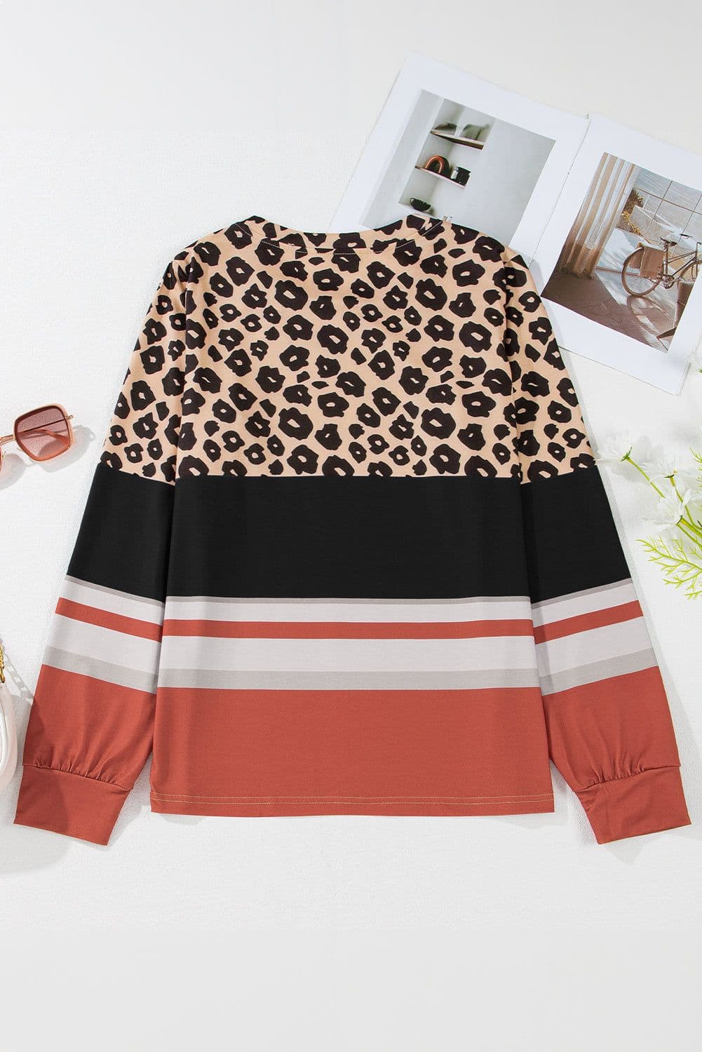 image-Brown Leopard Color Block Crewneck Long Sleeve Top