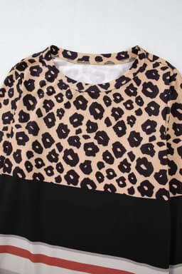 image-Brown Leopard Color Block Crewneck Long Sleeve Top