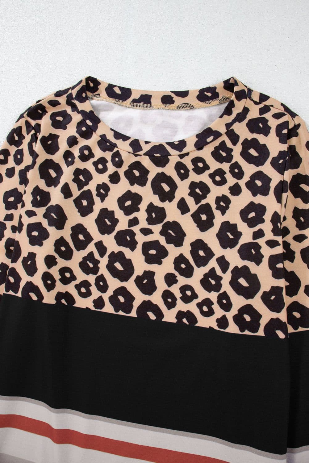 image-Brown Leopard Color Block Crewneck Long Sleeve Top