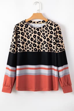 image-Brown Leopard Color Block Crewneck Long Sleeve Top