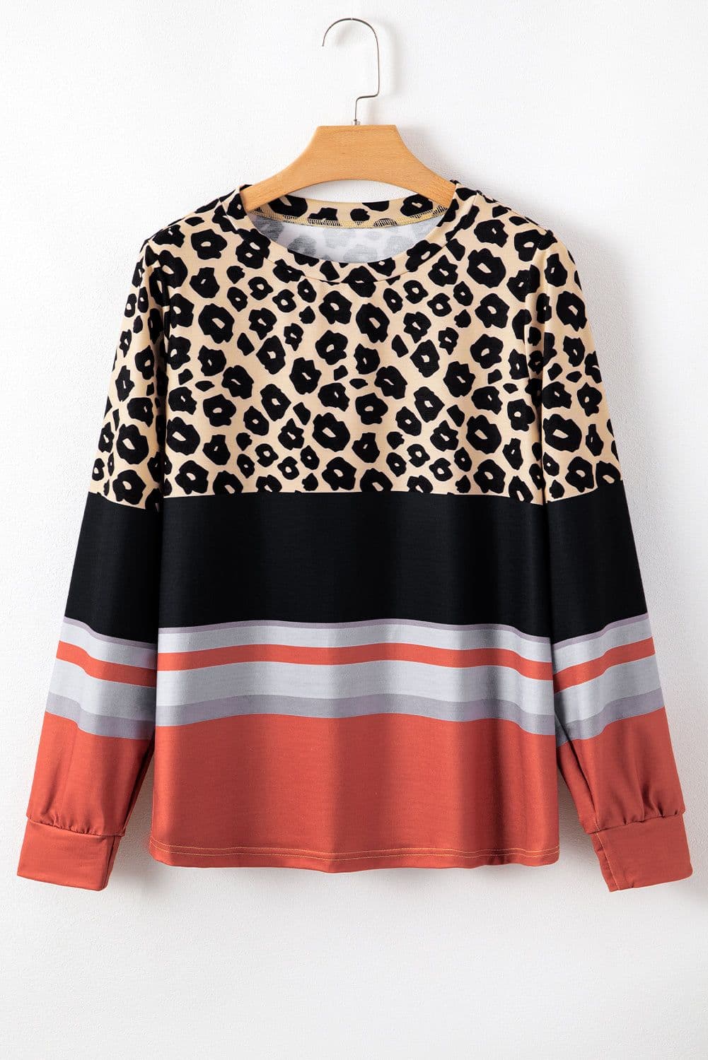 image-Brown Leopard Color Block Crewneck Long Sleeve Top