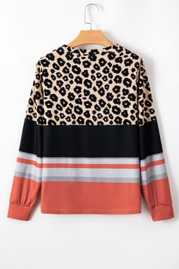 image-Brown Leopard Color Block Crewneck Long Sleeve Top