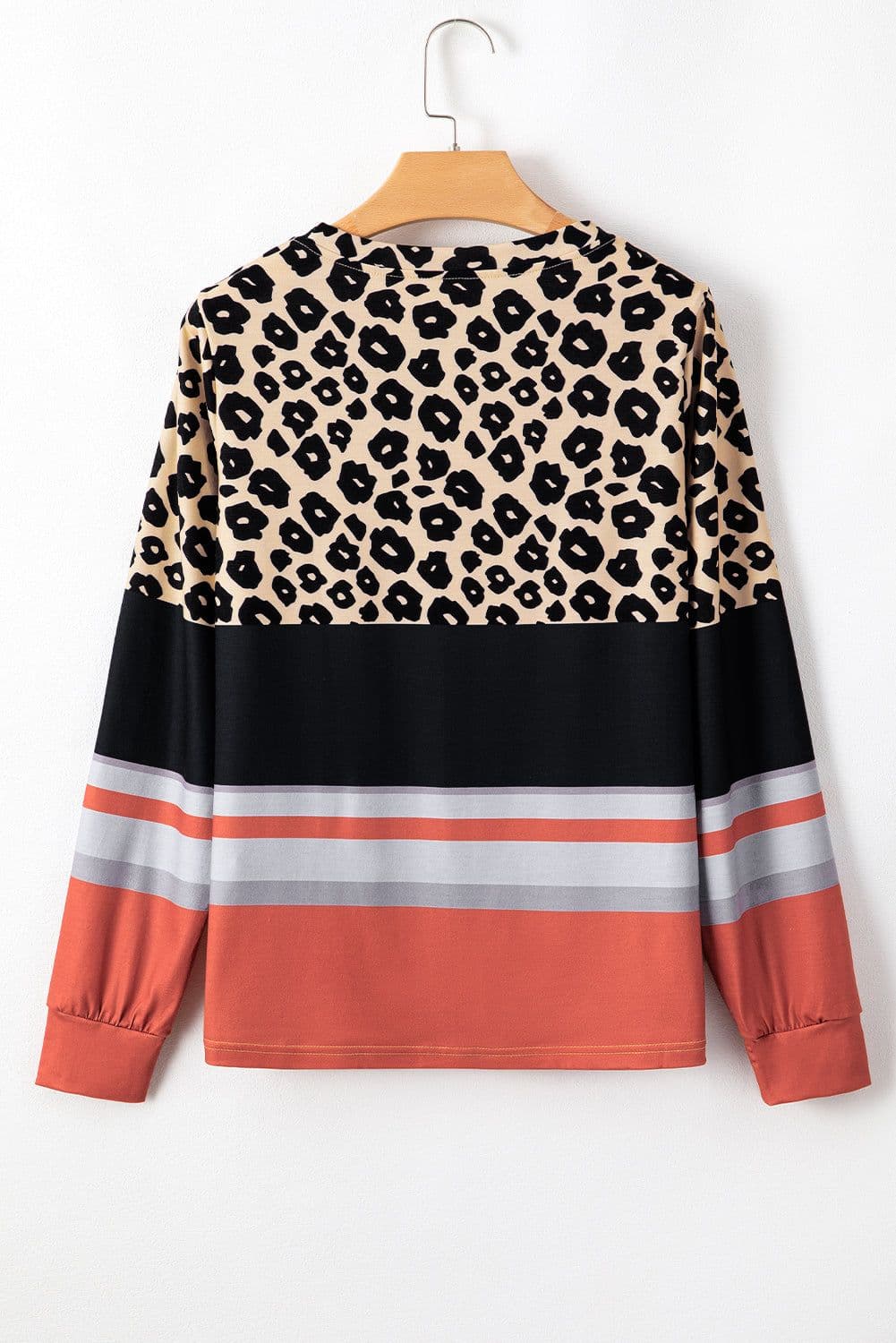 image-Brown Leopard Color Block Crewneck Long Sleeve Top