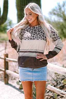 image-Brown Leopard Color Block Crewneck Long Sleeve Top