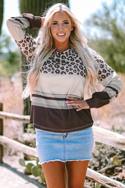 image-Brown Leopard Color Block Crewneck Long Sleeve Top