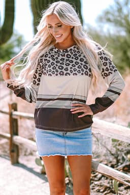 image-Brown Leopard Color Block Crewneck Long Sleeve Top