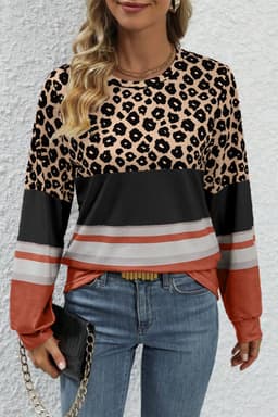 image-Brown Leopard Color Block Crewneck Long Sleeve Top