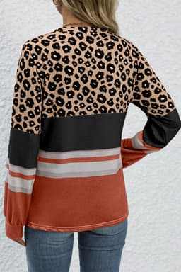 image-Brown Leopard Color Block Crewneck Long Sleeve Top