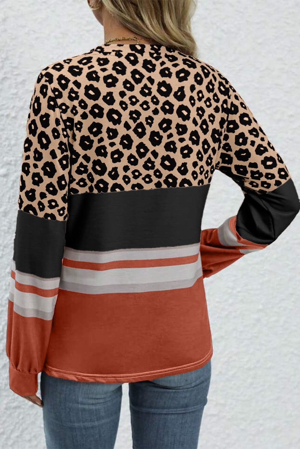 image-Brown Leopard Color Block Crewneck Long Sleeve Top