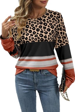 image-Brown Leopard Color Block Crewneck Long Sleeve Top
