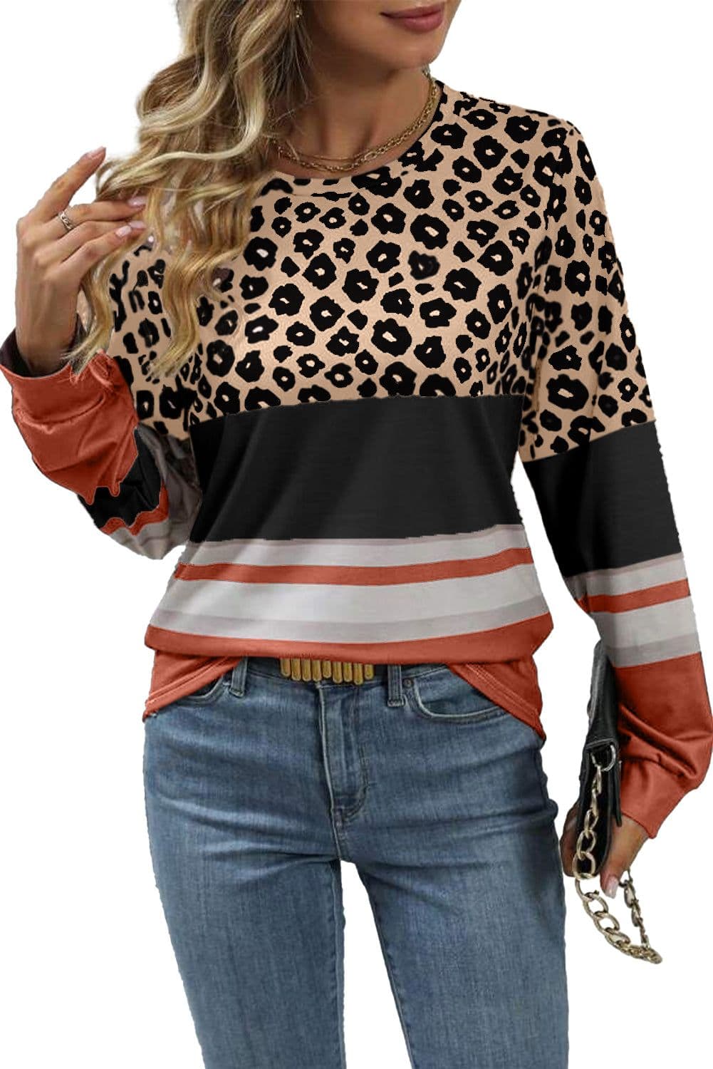image-Brown Leopard Color Block Crewneck Long Sleeve Top