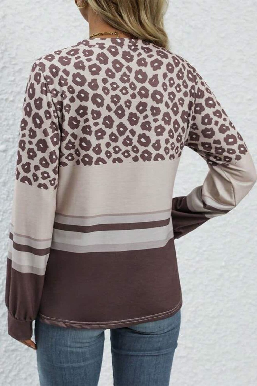 image-Brown Leopard Color Block Crewneck Long Sleeve Top