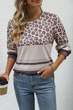 image-Brown Leopard Color Block Crewneck Long Sleeve Top