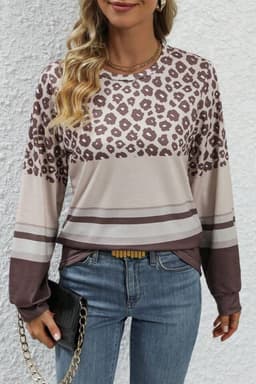 image-Brown Leopard Color Block Crewneck Long Sleeve Top