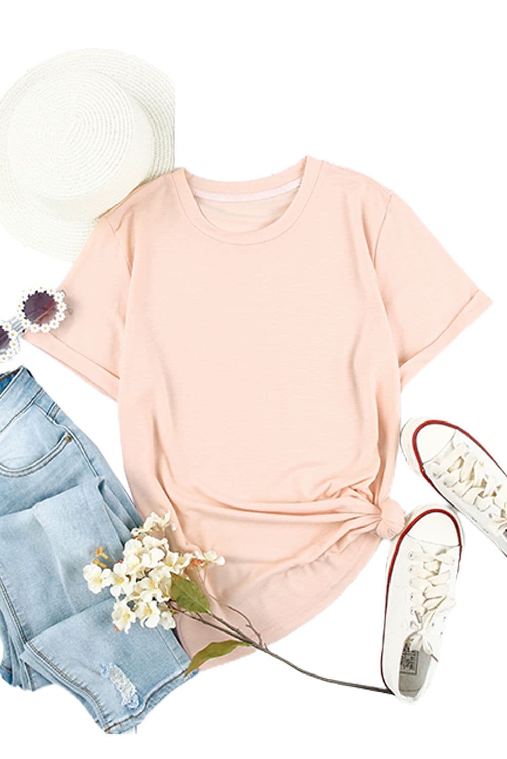 image-White Solid Color Crew Neck Tee