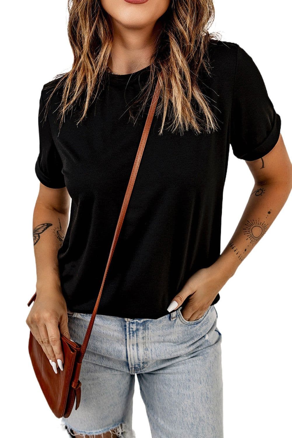image-White Solid Color Crew Neck Tee
