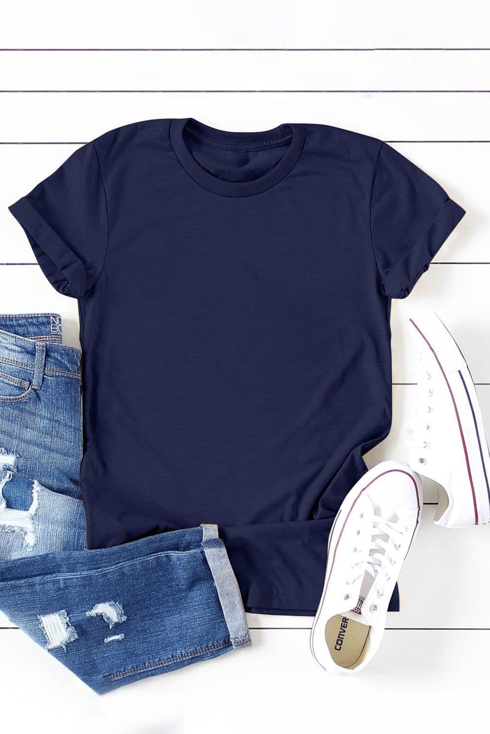 image-White Solid Color Crew Neck Tee