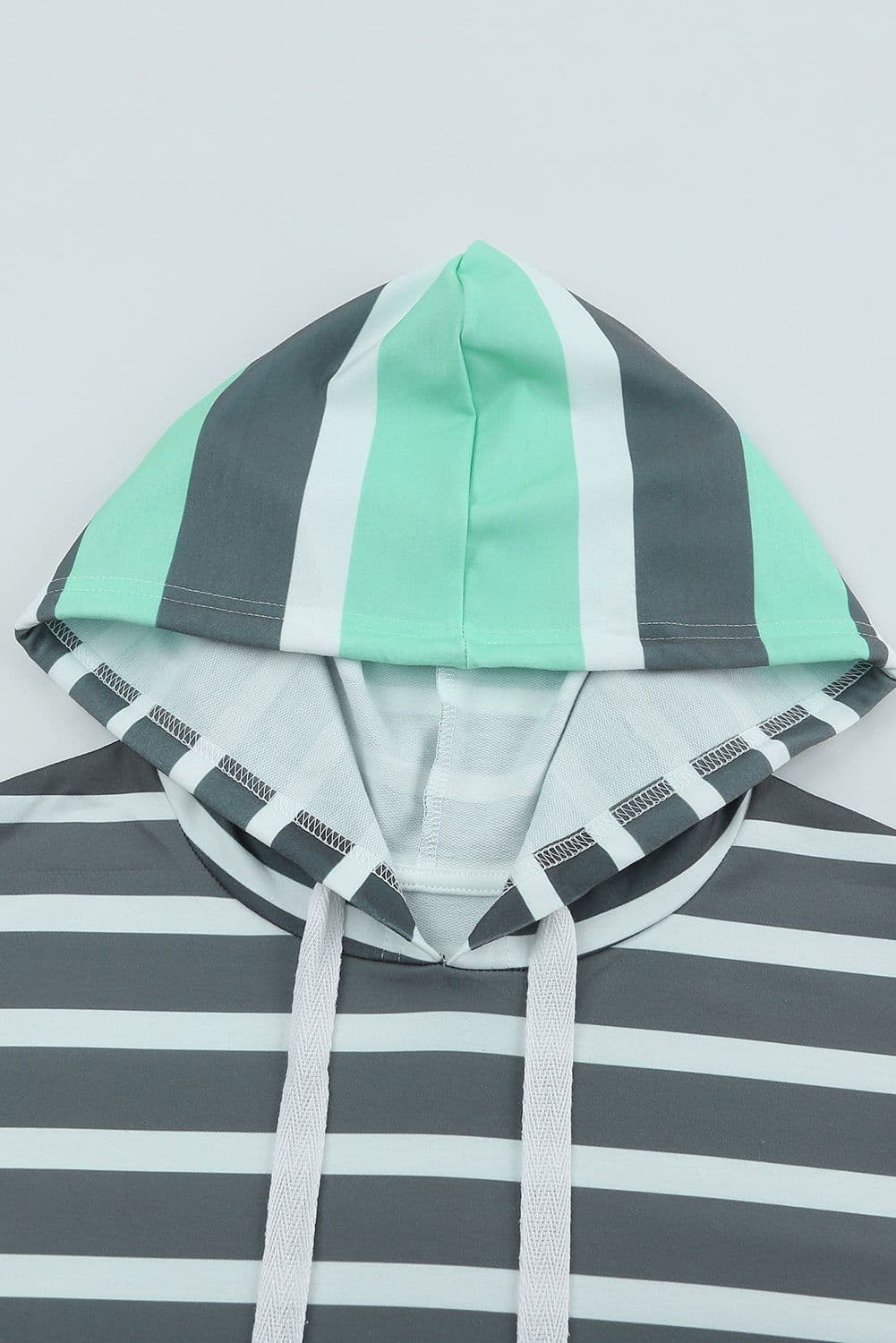 image-Green Striped Drawstring Long Sleeve Hoodie