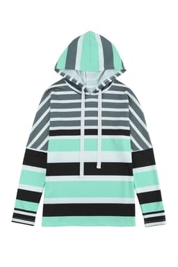 image-Green Striped Drawstring Long Sleeve Hoodie