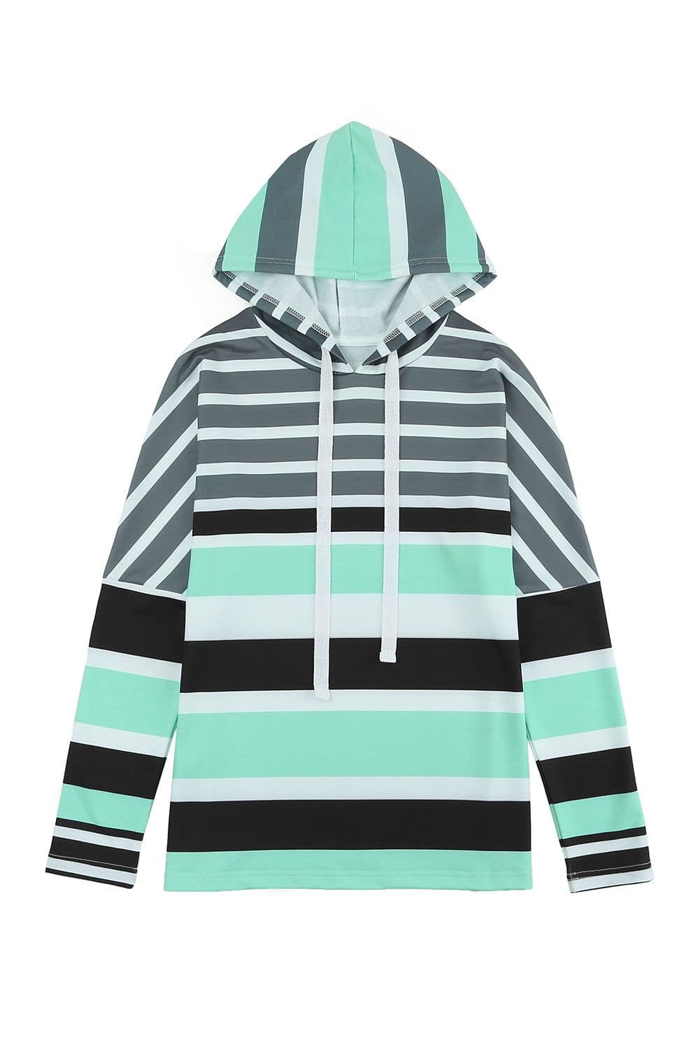 image-Green Striped Drawstring Long Sleeve Hoodie