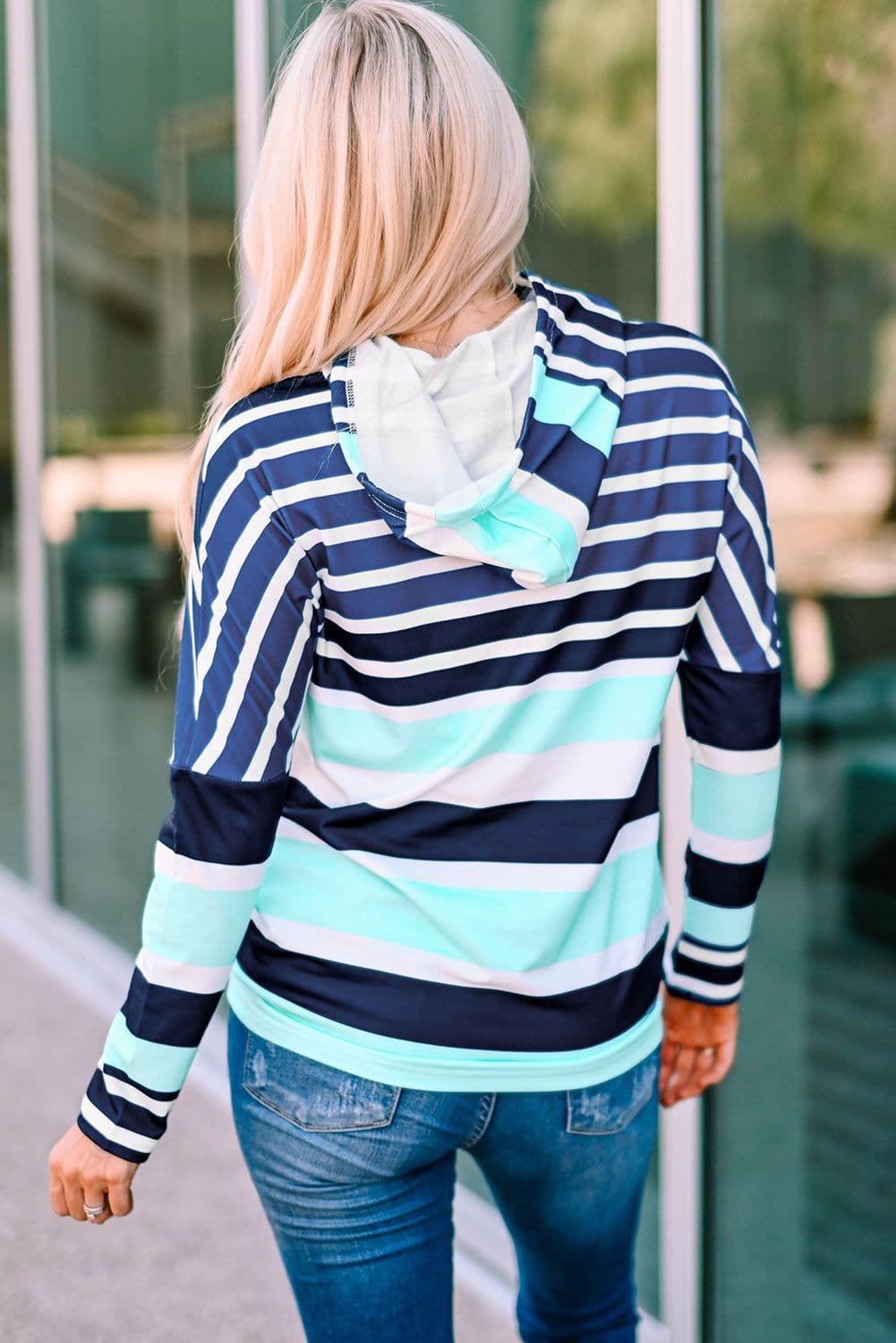 image-Green Striped Drawstring Long Sleeve Hoodie