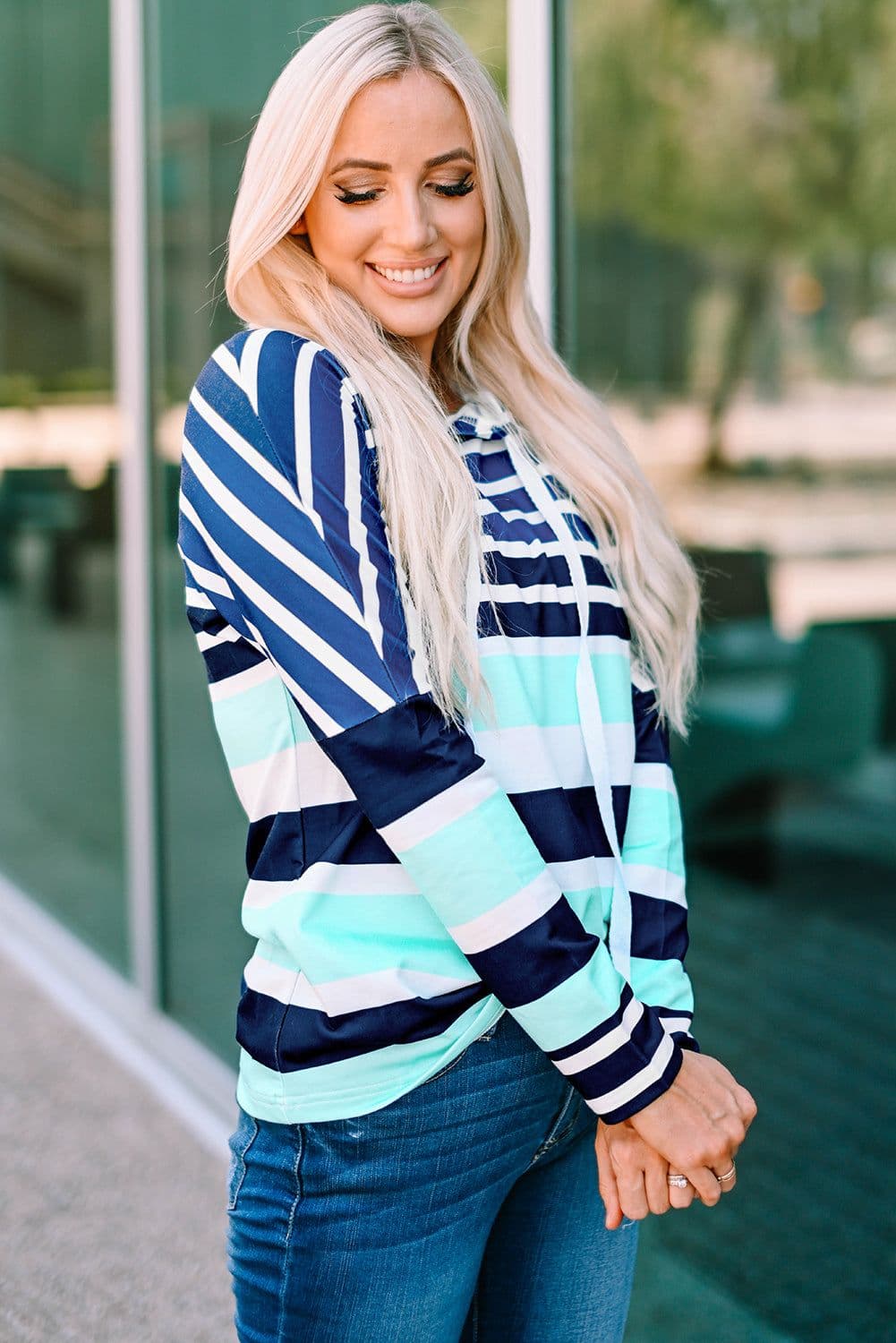 image-Green Striped Drawstring Long Sleeve Hoodie