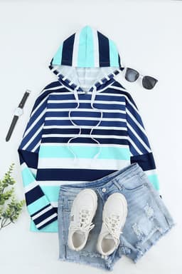 image-Green Striped Drawstring Long Sleeve Hoodie