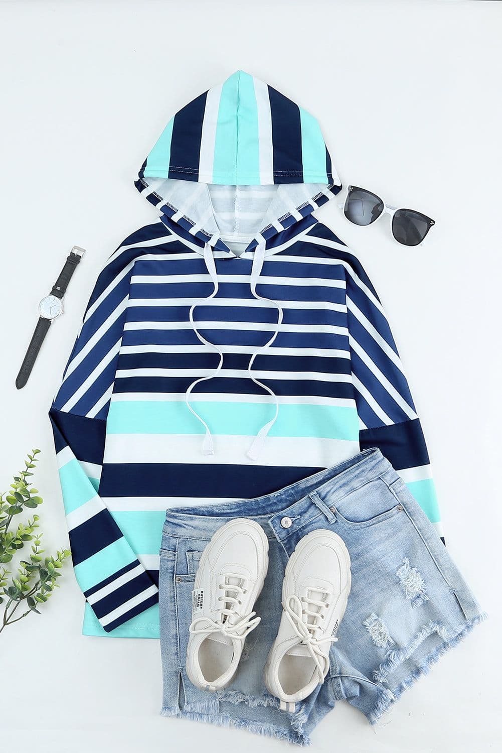 image-Green Striped Drawstring Long Sleeve Hoodie