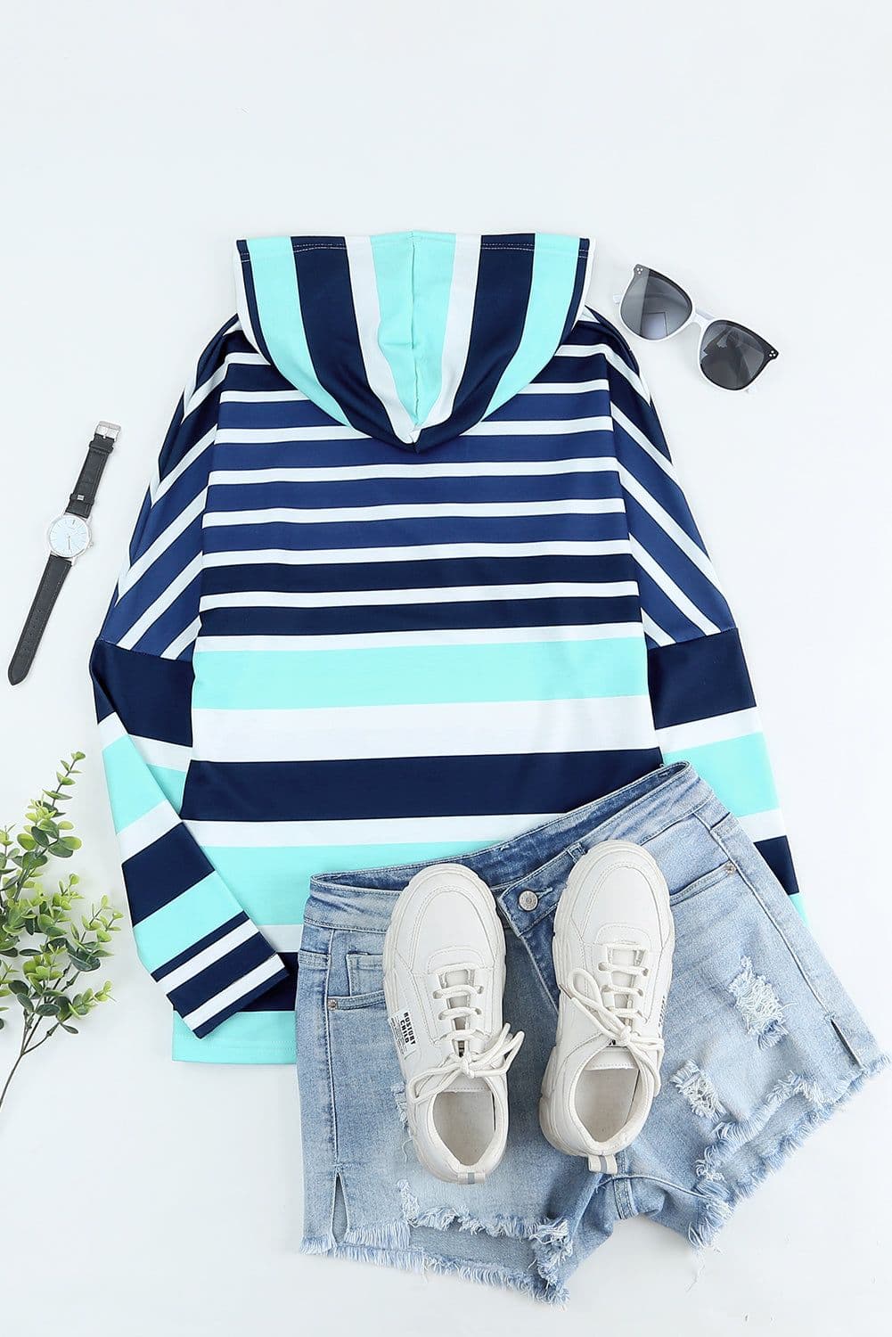 image-Green Striped Drawstring Long Sleeve Hoodie