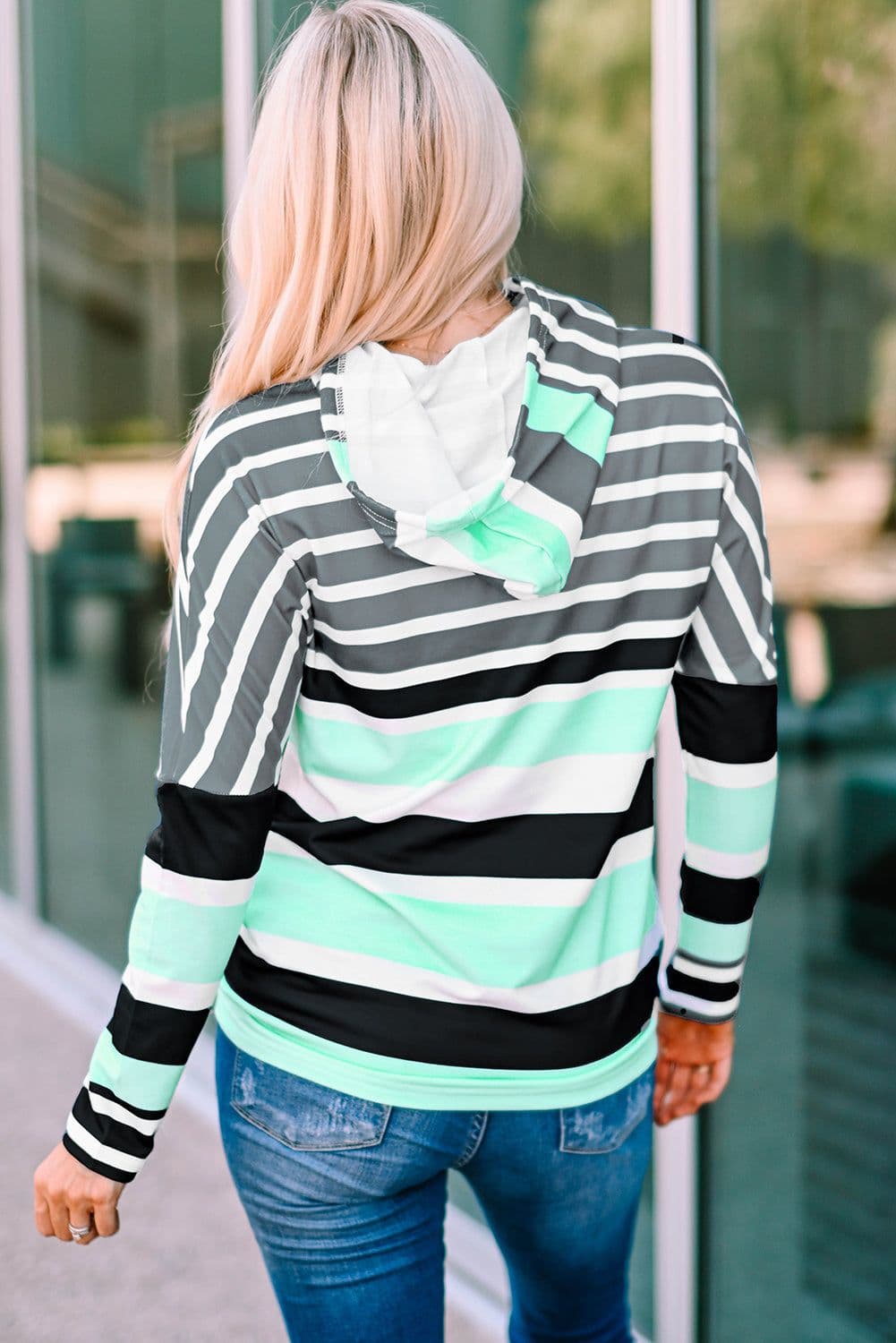 image-Green Striped Drawstring Long Sleeve Hoodie