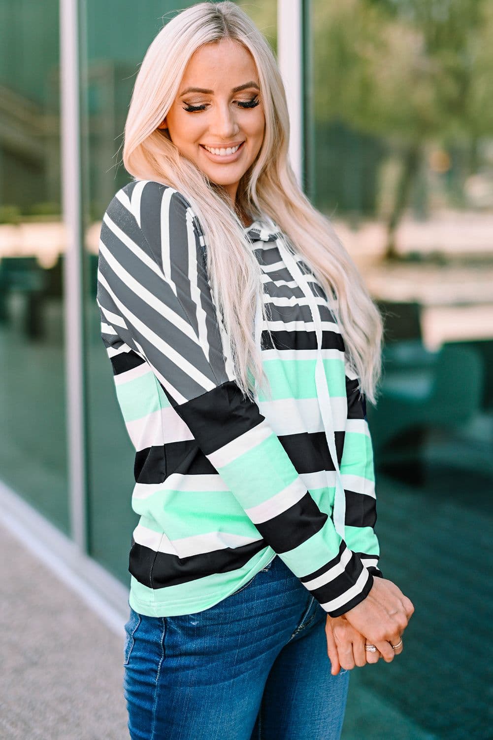 image-Green Striped Drawstring Long Sleeve Hoodie