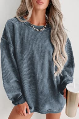 image-Blue Solid Ribbed Knit Round Neck Pullover Sweatshirt