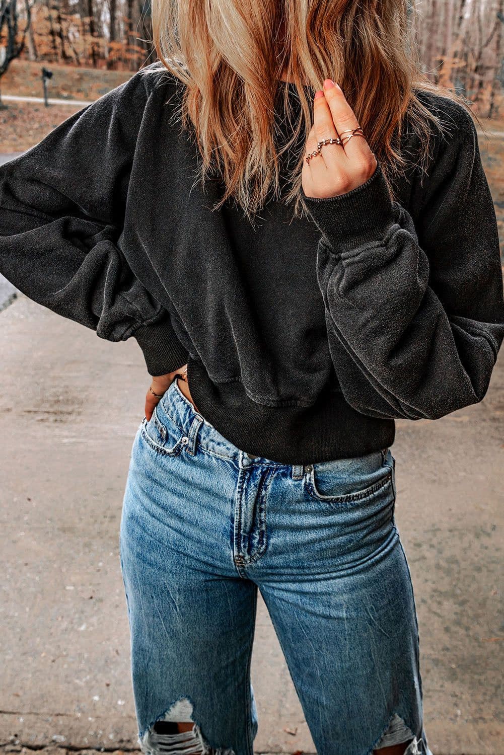 image-Rose Acid Wash V-shape Open Back Sweatshirt