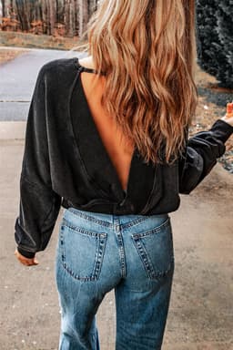 image-Rose Acid Wash V-shape Open Back Sweatshirt