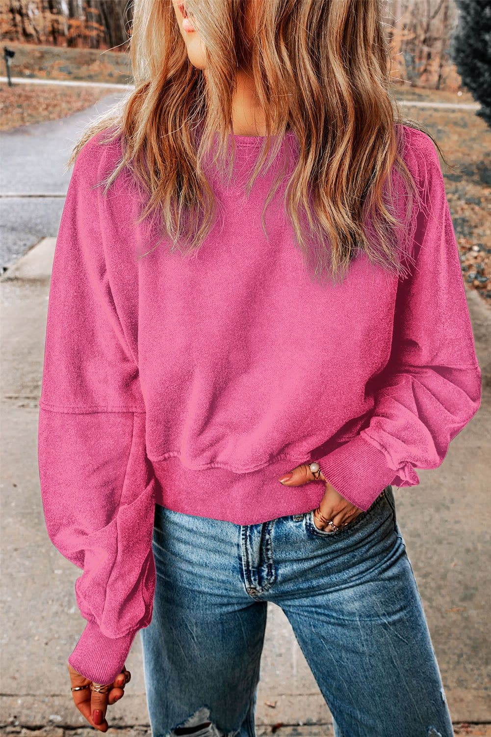 image-Rose Acid Wash V-shape Open Back Sweatshirt