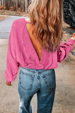 image-Rose Acid Wash V-shape Open Back Sweatshirt