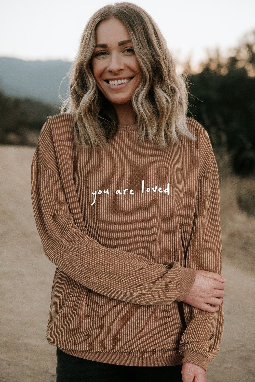 image-Khaki You Are Loved Print Corduroy Sweatshirt