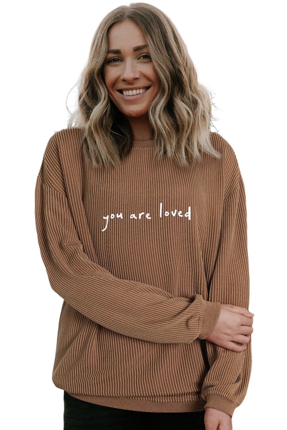image-Khaki You Are Loved Print Corduroy Sweatshirt