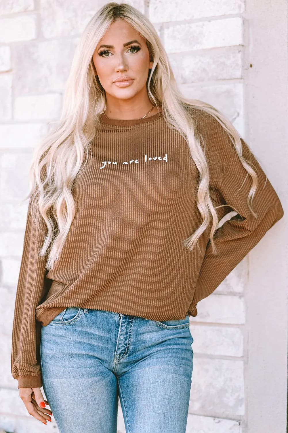 image-Khaki You Are Loved Print Corduroy Sweatshirt