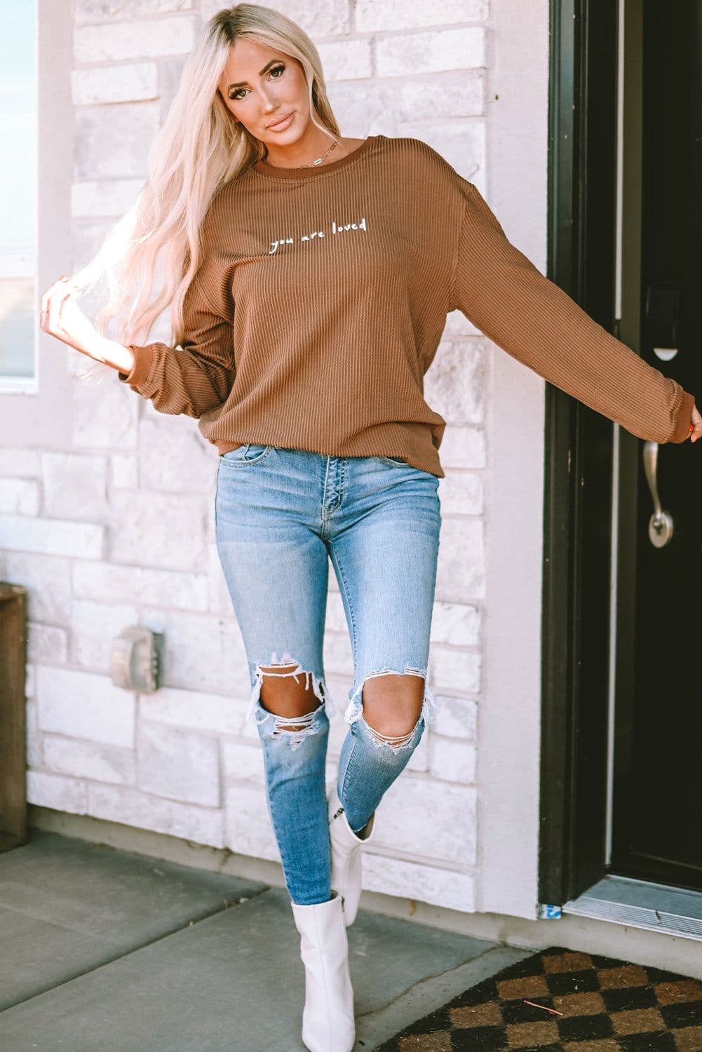 image-Khaki You Are Loved Print Corduroy Sweatshirt