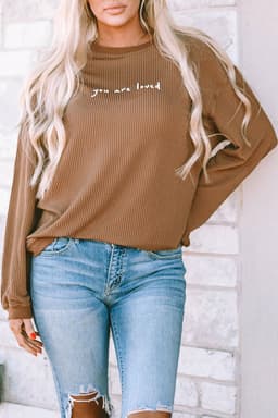 image-Khaki You Are Loved Print Corduroy Sweatshirt