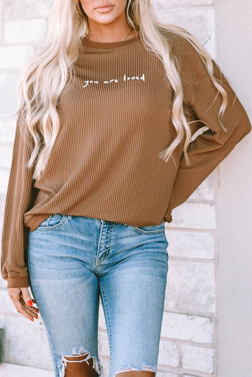 image-Khaki You Are Loved Print Corduroy Sweatshirt