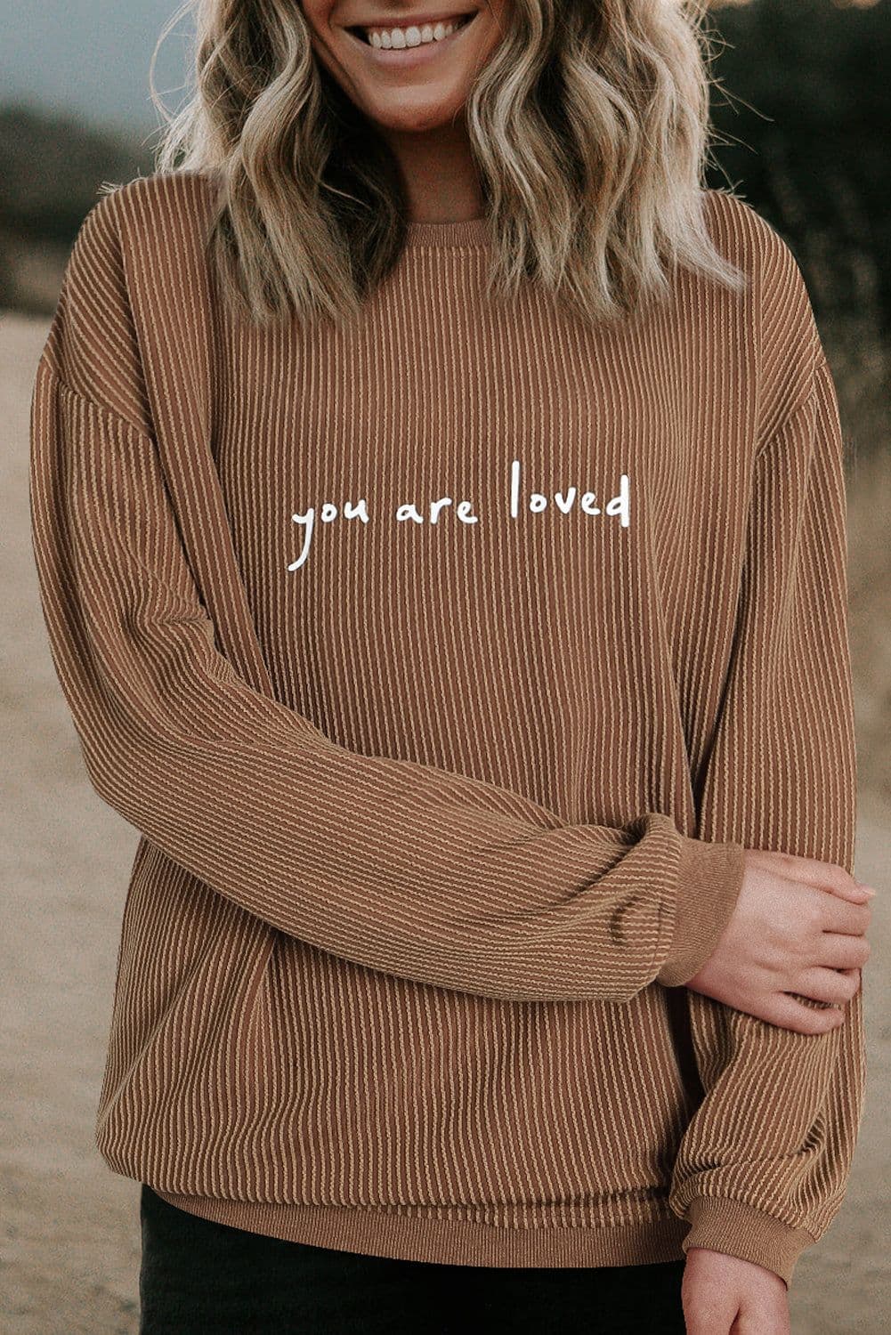 image-Khaki You Are Loved Print Corduroy Sweatshirt