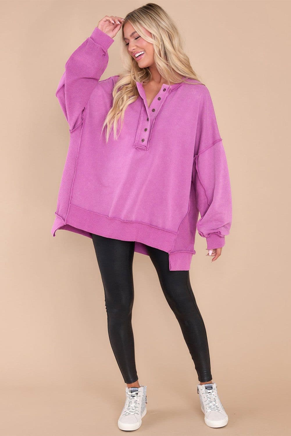 image-Purple Oversized Exposed Seam Henley Sweatshirt