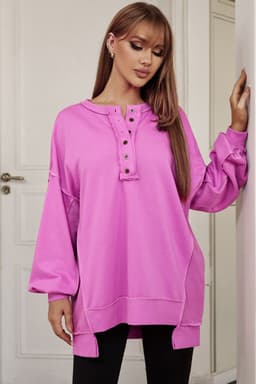 image-Purple Oversized Exposed Seam Henley Sweatshirt